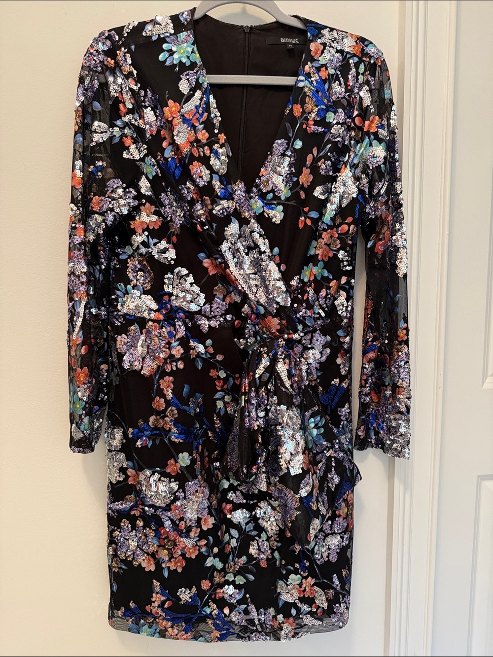 Badgley Mischa Black Floral Sequin Faux Wrap Dress